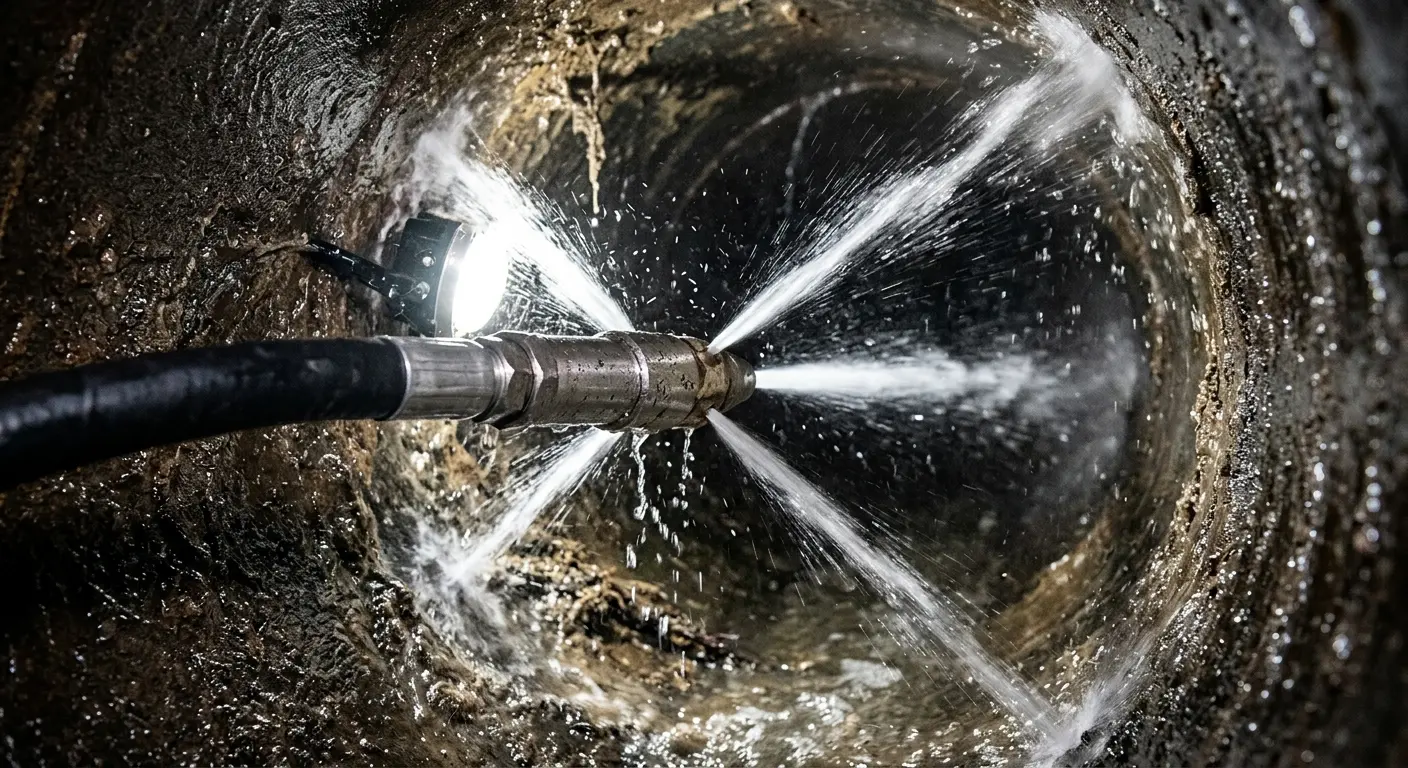 High-pressure hydro jetting nozzle cleaning sewer pipe for Sewer Cleanout in Bridgewater