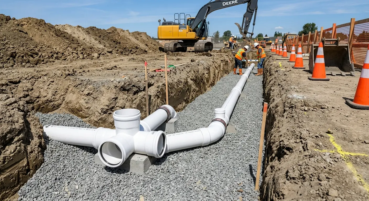 New PVC sewer pipe installation in open trench for Commercial Drain Cleaning in Bridgewater