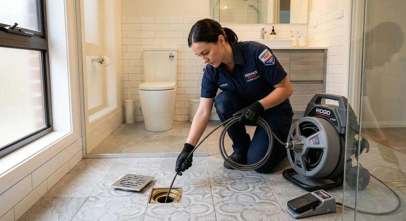 Technician clearing a bathroom floor drain for Sewer Line Installation in Bridgewater